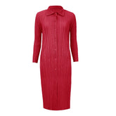 Miyake Pleated Single Breasted Women Long Coats 2023 Winter New Polo Shirt Korean Style Long Sleeve Blazer Dress